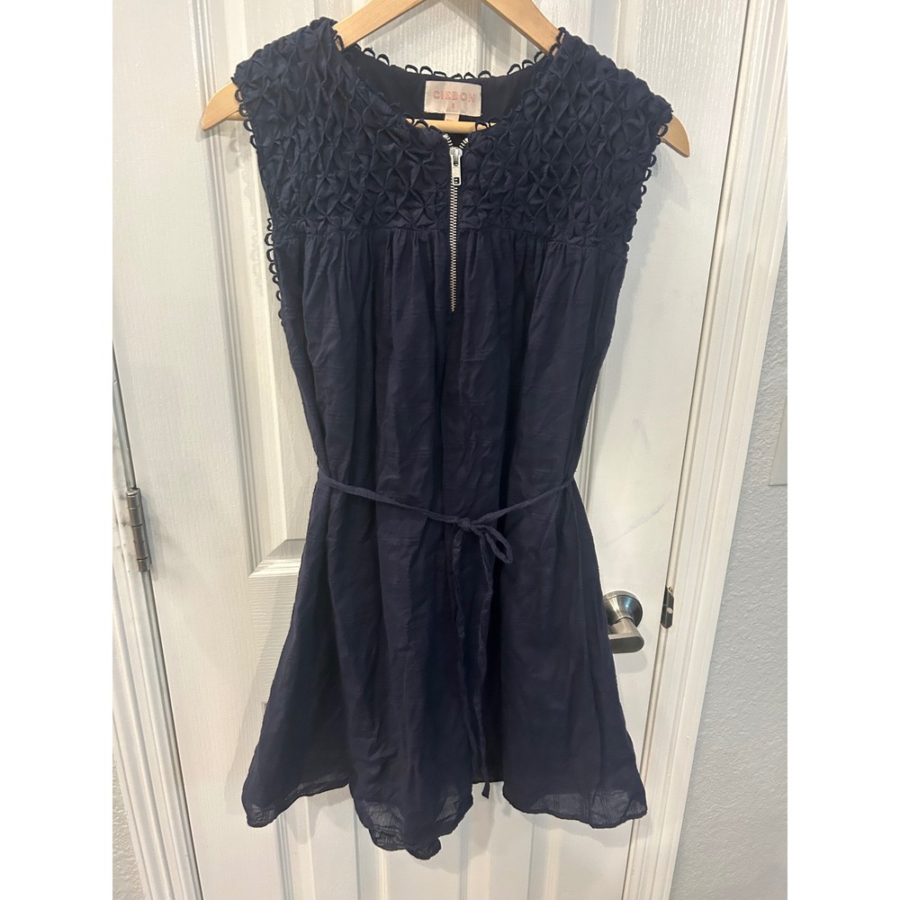Ciebon Mini Dress Navy Blue Smocked Bodice Zip Front Cotton Sleeveless Boho S